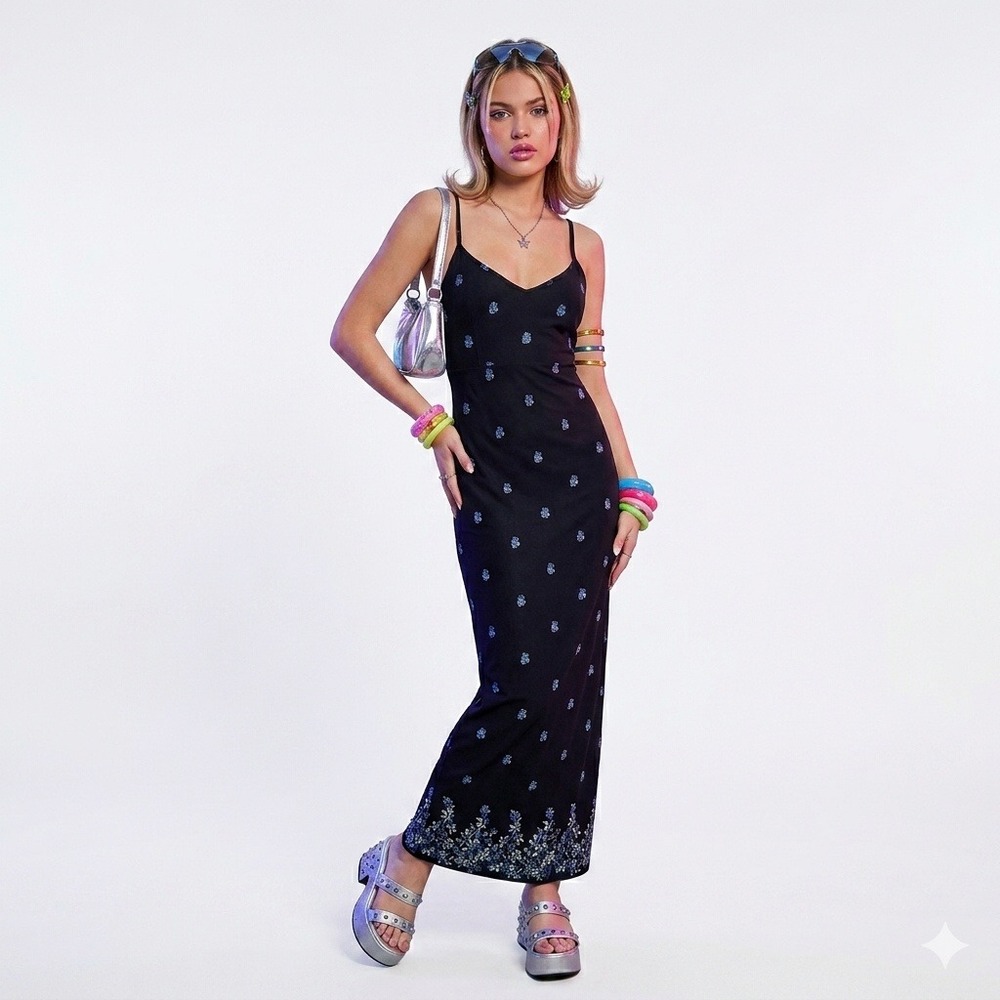 Vintage DBY Blue Floral Sleeveless‎ Babydoll Maxi Dress 7 90s Grunge Whimsigoth